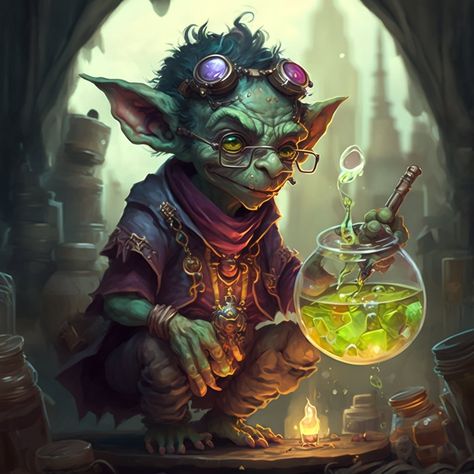 Alchemist Dnd Character, Goblin Alchemist, Goblin Artificer, Dnd Goblin, Goblin Art, Dnd Crafts, Faery Art, Dungeons And Dragons 5e, Dungeons And Dragons Characters