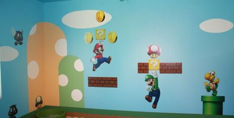 Easy DIY Super Mario Bros. Kids Bedroom - GameRevolution Boys Bedroom Ideas Gamer, Mario Bros Room, Super Mario Room, Mario Und Luigi, Mario Room, Brothers Room, Mario Y Luigi, Mario Brothers, Video Game Room