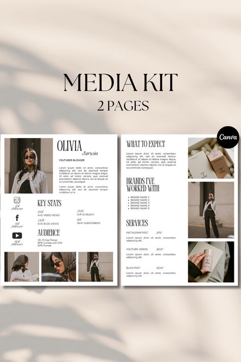 Media Kit Canva Template Instagram Media Kit Influencer Rate Sheet Template Blogger Press Kit Facebook Tiktok Instagram Template.  Are you ready to take your influencer game to the next level? Present yourself like a pro with our tailored Media Kit designed specifically for influencers like you. Publication Inspiration, Media Kit Design, Beige Instagram, Canva Template Instagram, Template Blogger, Media Kit Template, Sheet Template, Portfolio Ideas, Press Kit