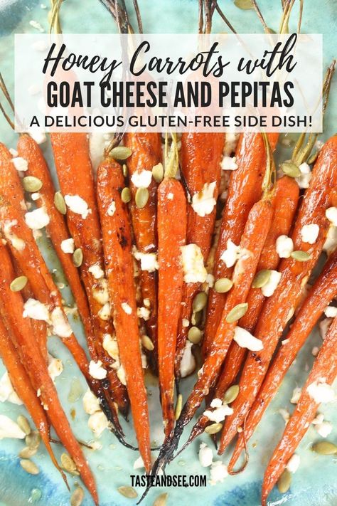 Honey Roasted Carrots with Goat Cheese and Pepitas... sweet and savory and so delicious! The natural sweetness from the carrots and honey caramelize perfectly while roasting. They're finished off with creamy goat cheese and toasted pepitas, creating an amazingly flavorful side dish. Roasted Carrots With Goat Cheese, Carrots With Goat Cheese, Toasted Pepitas, Carrots In Oven, Caramelized Carrots, Honey Carrots, Easy Vegetable Recipes, Honey Roasted Carrots, Creamy Goat Cheese