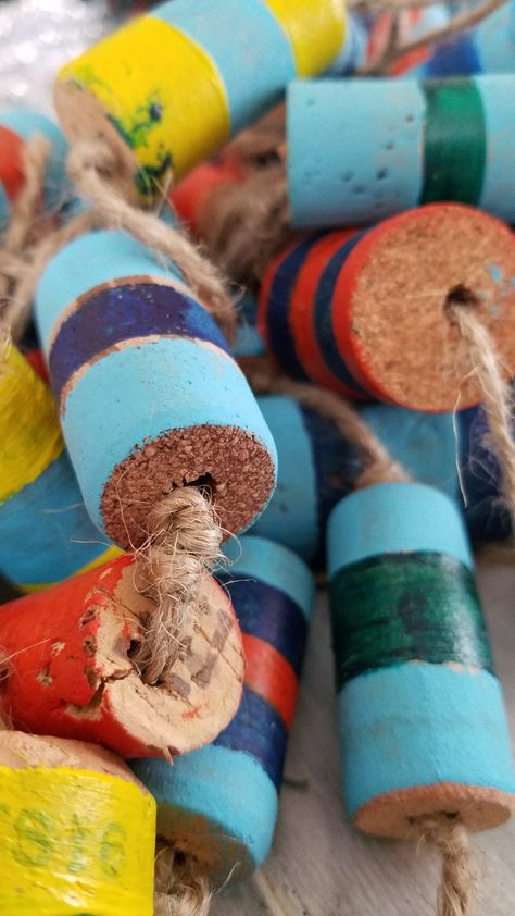 Painted Wine Corks, Beach Cork Crafts, Wine Cork Buoys, Wine Cork Sea Turtle, Diy Wooden Bouys, Wine Cork Anchor, Wine Cork Crab, Buoy Decor, Cork Crafts Diy