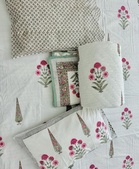 Includes: Quilt: 90x108 Inch Bedsheet: 90x108 Inch 2 Pillow Case: 18x28 Inch Introducing our Cotton Comforter paired with a Queen bedsheet set - the perfect blend of comfort and style. Crafted from premium cotton with beautiful BlockPrint fabric, these sheets showcase the timeless charm of Indian textiles and the artistry of Jaipur. Enjoy the pure cotton handprinted Comforter and the luxury of high thread count cotton for a soft and inviting feel. Whether you prefer the flat bed sheet or the fitted sheet for your queen bed, our set is designed to elevate your bedroom effortlessly. Create a regal retreat with our Bedding Set, and you could pair it with our generously sized cozy Cotton Comforter. The authentic block print textile design adds a touch of Jaipur's craftsmanship to your space. U Indian Bedsheet, Indian Bedding, Block Printed Textiles, Cotton Comforters, Queen Bedding Sets, Indian Textiles, Flat Bed, Queen Comforter, Block Printing Fabric