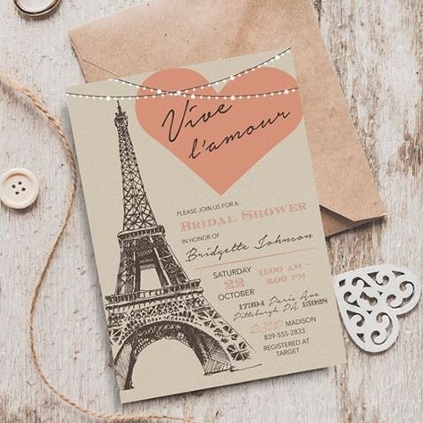 Parisian Bridal Shower Invitation, Paris Bridal Shower, Paris Party, Eiffel Tower, Paris Invitation Vintage French Theme. Vive L'amour! Start your Parisian Bridal Shower off with some french flare with this 5x7 vintage Paris themed bridal shower Invitation. Complete with a vintage sketch of the Eiffel tower and what looks like glowing lights, guests are sure to say "oh la la" as soon as they open the envelope or email. French Bridal Showers, Paris Bridal Shower Theme, Paris Invitations, Vintage Bridal Shower Invitations, Paris Bridal Shower, French Party, French Theme, Vintage Bridal Shower, Edit Template