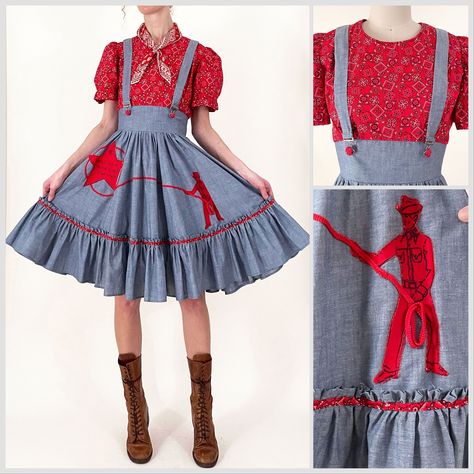 60s Bandana Print Square Dance Dress | Chambray Circle Skirt Cowboy Lone Star Patchwork Suspender Dress | Western Dress | Small Medium Denim Star Skirt, Western Prairie Skirts, Square Dance Skirt, Western Aztec Skirts, Square Dance Outfit, Bandana Skirt, Square Dance Dresses, Square Dancing, Suspender Dress