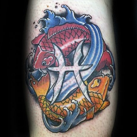 Zodiac Symbol Pisces With Red And Orange Koi Fish Mens Arm Tattoos Pisces Tattoo Ideas, Zodiac Tattoos Pisces, Pisces Constellation Tattoo, Pisces Tattoo Designs, Virgo Constellation Tattoo, Pisces Tattoo, Pisces Tattoos, Omerta Tattoo, Zodiac Sign Tattoos