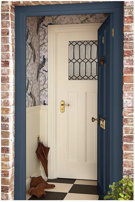 Laura Ashley Paint, Front Door Colours, Green Exterior, Blue Exterior, Eggshell Paint, Grey Exterior, Front Door Colors, Boot Room, Home Entrance Decor