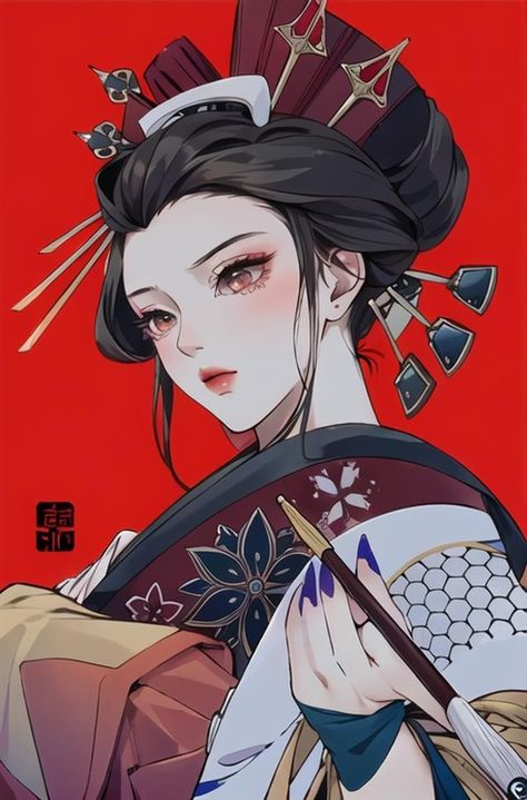 Geisha Anime Art, Daki Oiran Kimono, Oiran Kimono Anime, Geisha Character Design, Anime Kimono Drawing, Oiran Anime, Oiran Kimono, Geisha Drawing, Geisha Anime