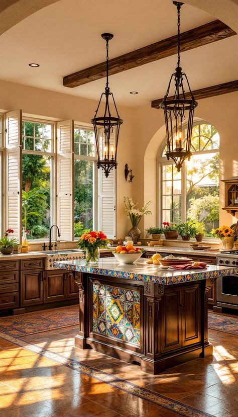 Dive into the heart of Mexican elegance with this breathtaking kitchen that blends traditional artistry with modern functionality. Captured during the enchanting golden hour and centered around a stunning handcrafted ceramic island, this space is illuminated by the soft, natural light from garden-view windows, enhanced by rustic chandeliers. A Pinterest-perfect kitchen, it embodies warm tones and exquisite details, inviting everyone to dream and be inspired. Unique Island Lighting, Kitchen 2025, Rustic Chandeliers, Dream Kitchen Ideas, Modern Exterior House Designs, Rustic Chandelier, Perfect Kitchen, Handcrafted Ceramics, Modern Exterior