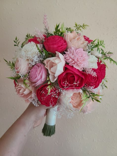 This beautiful mix of fuschia/hot pink and blush tones features handmade wooden flowers and faux greenery. Hand dyed and put together just for you, this bouquet will add the beautiful shades of pink to your event - perfect for any season and wedding theme! Pictured is 10 inches in diameter. To purchase matching boutonnieres, look here: https://www.etsy.com/shop/mydinosaurdreams/?section_id=21264911 To purchase matching corsages, look here: https://www.etsy.com/shop/mydinosaurdreams/?section_id=2 Hot Pink And White Prom Bouquet, Pink And Silver Prom Bouquet, Pink And White Prom Flowers, Hot Pink Flower Bouquet Prom, Pink And White Flowers Bouquet, Pink Fall Wedding Flowers, Hot Pink Wedding Decor, Hot Pink Wedding Decorations, Red Pink And White Wedding Theme