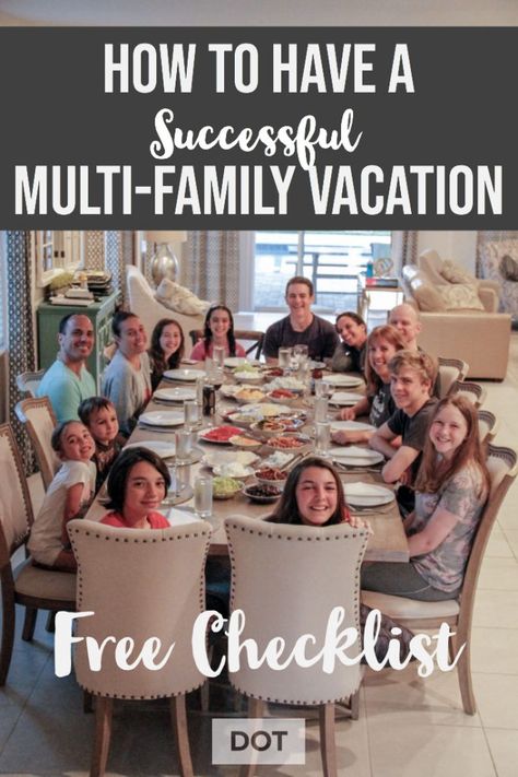 How to plan the ultimate multifamily vacation. Vacationing with a large family? Or doing a multigenerational vacation? These tips and tricks will help you plan along with a free checklist. #multifamily #vacation #multigenerational #travel Vacationing With Friends, Multi Family Beach Vacation Tips, Family Beach Vacation Tips, Family Beach Vacation Meals, Family Vacation Checklist, Family Vacation Activities Ideas, Multi Family Vacation Meal Planning, Large Family Vacation Ideas, Family Beach Trip Ideas