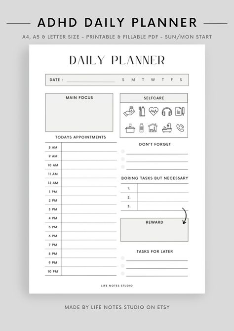 ADHD Daily Digital Planner, ADHD Adult Planner Printable, to Do List, Ultimate Productivity Planner, Goodnotes, PDF Download, A4/a5/letter - Etsy vector #todolistplanner #plannerdividersprintablefree #workfromhomeplanner😎 Cute Daily Planner, Daily Planner Design, Daily Planner Printables Free, Printable To Do List, Planner Writing, Ultimate Planner, Daily Planner Pages, Work Planner, Planner Printables Free