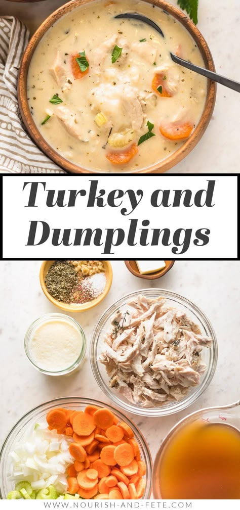 Cozy, easy to make, and completely delicious, these bowls of creamy turkey and dumplings will satisfy you and put extra turkey to good use! Dumplings Soup, Turkey And Dumplings, Turkey Stew, Stew And Dumplings, Chicken Gnocchi Soup, Dumplings For Soup, Turkey Soup, Spinach Soup, Dumpling Recipe