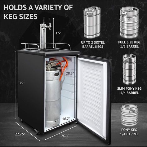 SERVE ICE COLD DRAFT BEER AT HOME | Freestanding Keg Refrigerator & Universal Beverage Cooler Keeps Up to [2] Separate Beers Types on Tap for Amazing Anytime Refreshment! | Fits a Standard Full-Size Half Barrel Keg [1/2], Pony Keg [1/4], Slim Pony Keg [1/4], Up to [2] Sixth Barrel Kegs [1/6] or [2] Cornelius Homebrew Kegs Keg Fridge, Beer Types, Beverage Coolers, Beer Fridge, Beer Dispenser, Beer Cooler, Beer Tap, Draft Beer, Beer Taps