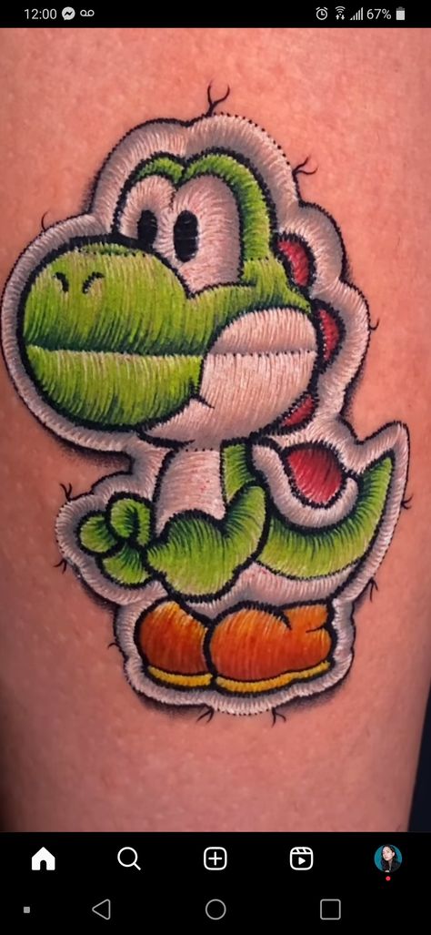 Realistic Patch Tattoo, Luigi Tattoo, Yoshi Tattoo, Embroidery Tattoo Ideas, Patch Tattoos, Lilo And Stitch Tattoo, Patch Tattoo, Mario Tattoo, Gamer Tattoos