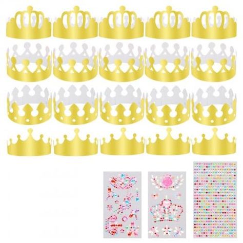 PRICES MAY VARY. Gold Paper Crowns Kit: Our kit is packed with 20 shiny gold paper crowns in 4 distinct styles, accompanied by 3 sheets glittering rhinestone stickers. It's designed to add a personal touch, offering endless DIY fun for children at birthday parties or other celebrations Premium Materials: Each birthday crown headdress is crafted from premium paper, ensuring a lightweight and comfortable wear. Adorned with sparkling acrylic rhinestone stickers, they add charm to any occasion and are entirely safe for children DIY creation: Our birthday crown kit encourages children to engage their creativity and design their unique party hats. This DIY experience adds a special touch to their parties and memorable moments Easy to Assemble Designs: Our gold crowns come in 4 different styles, Stickers For Birthday, Hat Birthday Party, Golden Paper, Gold Crowns, Golden Birthday Parties, Crown Headdress, Paper Crown, Kids Birthday Party Decoration, Rhinestone Sticker