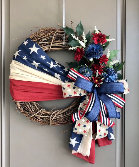 Memorial Day Cemetery Decorations Diy, Patriotic Grapevine Wreath, Veterans Day Wreath, Memorial Day Wreaths Diy, Fourth Of July Wreath Diy, Red White And Blue Wreath Diy, Veteran Wreath, 4th Of July Wreath Diy, Patriotic Wreath Ideas