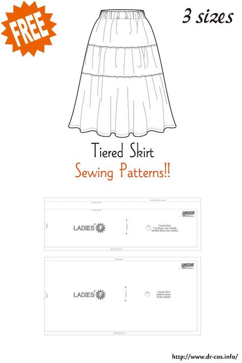 Sewing Patterns Skirt Free, Free Skirt Patterns For Women, Tier Skirt Pattern, Layered Skirt Pattern, Elastic Waist Skirt Pattern, Skirt Sewing Pattern Free, Tiered Skirt Pattern, Cosplay Patterns, Free Skirt Pattern