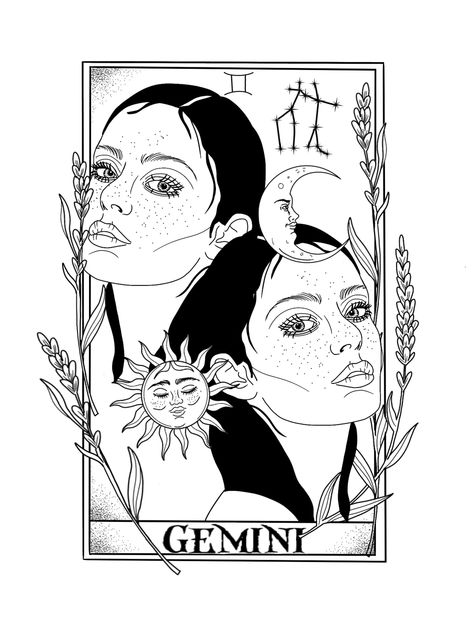 Gemini Tarot Card Art, Gemini Twins Drawing, Gemini Tarot Card Tattoo, Gemini Art Drawing, Gemini Drawing Ideas, Gemini Art Goddesses, Gemini Drawings, Gemini Drawing Zodiac Art, Gemini Sketch