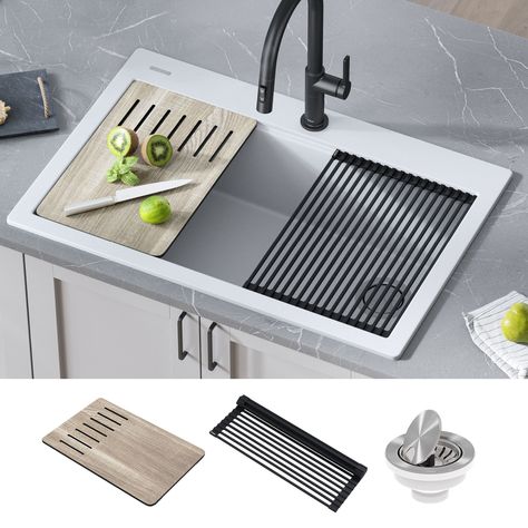 KRAUS Bellucci Workstation 33 Drop-In Granite Composite Single Bowl Kitchen Sink in White with Accessories. Sink With Accessories, Workstations Design, Composite Sinks, Drop In Kitchen Sink, Kitchen Sink Stainless Steel, Granite Kitchen Sinks, Drain Opener, Drop In Sink, Steel Racks