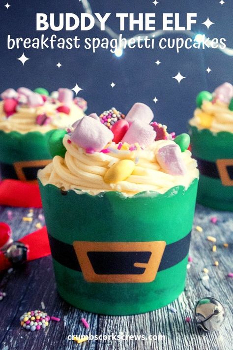 Buddy The Elf Breakfast, Cute Christmas Cupcakes, Spaghetti Cupcakes, Breakfast Spaghetti, Elf Breakfast, Elf Themed Christmas Party, Musical Cake, Themed Christmas Party, Elf Party