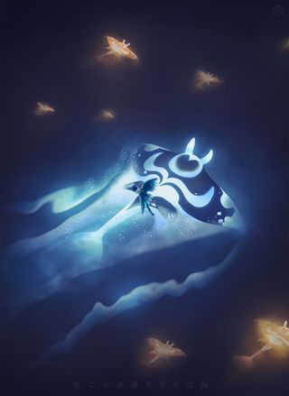 Elder Floating Ray : Genshin_Impact Geo Family, Fontaine Genshin Impact, Sea Beast, Hydro Archon, Sea Creatures Art, Tsukiuta The Animation, Manta Rays, Art Rules, Blue Inspiration