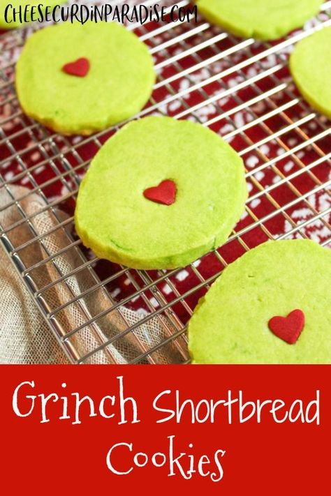 A favorite holiday character inspires a tasty Christmas cookie- Grinch Shortbread Cookies. A simple, sweet, and buttery recipe with a tinge of green and the Grinch's growing heart.   #ad #ChristmasCookies #TheGrinch #Shortbread Christmas Shortbread Cookie Bites, Shortbread Cookie Bites, Gingerbread Cookie Dip, Christmas Cookies Grinch, Quick Christmas Dessert, Buttery Recipes, Sweets Board, Shortbread Bites, Cheese Curd