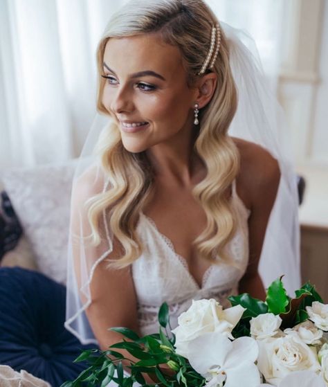 Bridal + Formal  Hairstylist on Instagram: “Glam waves for beautiful Bride Farron  captured perfectly by @steph.kindermann @gabbinbarhomestead  Flawless skin and signature fluffy…” Bride Hair Down, Bridal Waves, Fluffy Lashes, Glam Waves, Mid July, Romantic Curls, Wedding Hair Down, Bridal Hair Vine, Wedding Hair Pieces