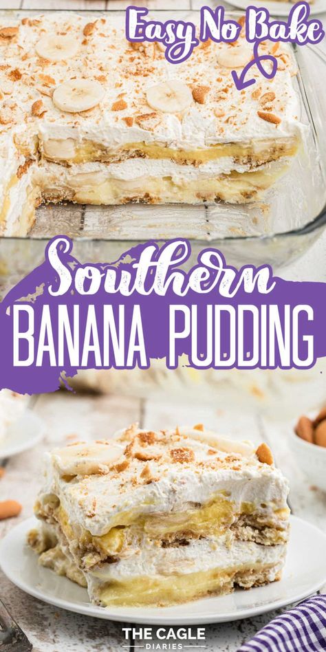 This southern banana pudding is so easy it should be a crime. Really simple ingredients, no bake required. A southern banana pudding recipe that you can assemble in 10 minutes. It's rich and creamy with layers of bananas, chantilly cream, vanilla wafers and two types of pudding - banana cream and French vanilla. There's so much flavor in this easy banana pudding recipe. Different Banana Pudding Recipes, Banana Pudding Dolly Parton, Bababa Pudding, Boozy Banana Pudding, Soul Food Banana Pudding, Joanna Gaines Banana Pudding, Chessman Banana Pudding Recipe, Cold Banana Pudding Recipes, Southern Banana Pudding Recipe Homemade