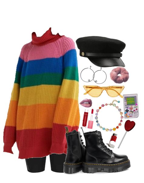 Rainbow Aesthetic Fashion, Pride Theme Outfit, Rainbow Winter Outfit, Rainbow Inspired Outfits, Rainbow Alt Outfits, Rainbow Academia Outfits, Black And Rainbow Outfit, Cute Rainbow Outfits, Rainbow Core Outfit