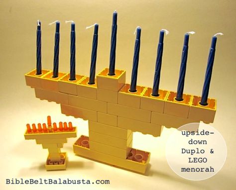 Duplo and LEGO menorahs, upside-down construction Hanukkah Diy, Diy Hanukkah, Jewish Crafts, Hanukkah Crafts, Cha Ching, Bible Belt, Chanukah Party, Hanukkah Decorations, Yom Kippur