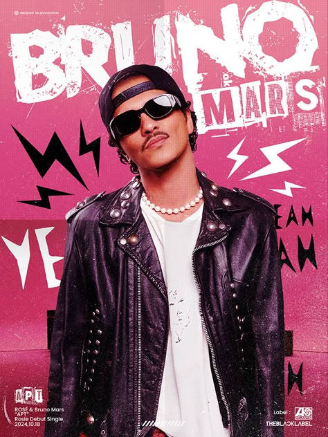 This project features a vibrant, edgy poster series for the collaboration between KPOP idol Rosé and global pop icon Bruno Mars on their track "APT." Designed to capture their unique synergy, the posters combine bold typography, striking colors, and dynamic graphics to appeal to fans of both KPOP and international pop. Showcasing individual and duo shots with energetic backgrounds, layered text, and electric graphics, the series uses bold pink and black tones for a rebellious, rock-inspired look. Crafted for digital and print, these designs amplify the impact of this iconic collaboration, engaging a global, genre-spanning audience. Portrait Poster Design Graphic Designers, Dynamic Graphic Design Inspiration, Poster Prints Bruno Mars, Music Related Posters, Bruno Mars Posters For Room, Bruno Mars Posters, Pop Artists Music Singers, Bruno Mars Apt, Posters Of Singers