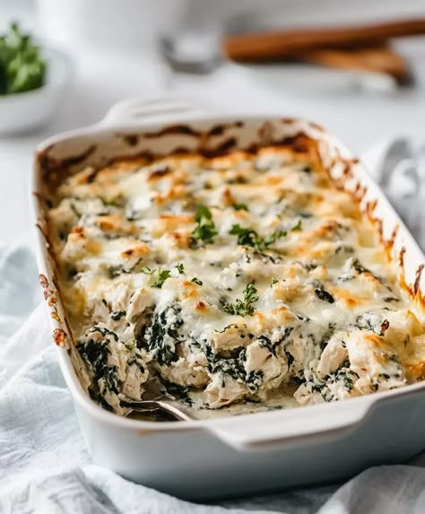 Creamy Chicken and Spinach Casserole Recipe - Leftover Chicken And Spinach Recipes, Chicken Spinach Mushroom Casserole, Spinach Casserole With Cream Cheese, Shredded Chicken And Spinach Recipes, Chicken Mushroom And Spinach Recipes, Recipes With Spinach And Chicken, Rotisserie Chicken Spinach Recipes, Rotisserie Chicken And Spinach Recipes, Creamy Chicken And Spinach Recipes