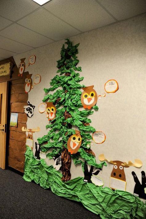 'Pine' tree in the hallway. SO creative!                                                                                                                                                      More #CabinCampingIdeas Virtual Friend, Spring Classroom Door, Forest Classroom, Camping Classroom, Camping Theme Classroom, Spring Classroom, Peppermint Christmas, Tree Themes, Trees Christmas