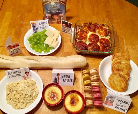 Ratatouille movie night Ratatouille Disney Food Ideas, Disney Movie Menu Ideas Ratatouille, Ratatouille Food Ideas, Ratatouille Movie Recipe Dishes, Ratatouille Dinner Ideas, Food From Ratatouille Movie, Movie Night Menu Ideas For Adults, Family Themed Movie Nights, Ratatouille Dinner Party