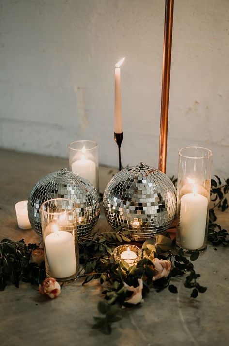 Disco Formal Decorations, Wedding Reception With Disco Balls, Modern Retro Party Theme, Night Time Engagement Party, Low Cost Centerpieces Wedding, Autumn Disco Wedding, New Years Wedding Centerpieces, Mirror Ball Table Decor, Elegant Nye Party