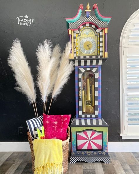 Whimsy Grandfather Clock Painted Grandfather Clock, Painted Candlesticks, Whimsical Painted Furniture, Whimsical Furniture, Clock Painting, Chalk Paint Colors, Gallery Furniture, Whimsical Paintings, Whimsical Home