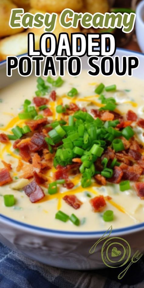 Easy Creamy Loaded Potato Soup. This rich and velvety soup is a celebration of hearty flavors, combining tender potatoes, crispy bacon, gooey cheese, and zesty green onions in every spoonful. Perfect for chilly evenings or lazy weekends, this soup is a hug in a bowl Crockpot Chicken Dinners, Potatoes Crispy, Chicken Breast Crockpot Recipes, Cheese Burger Soup Recipes, Crockpot Chicken Breast, Crockpot Appetizers, Best Soup, Lasagna Soup Recipe, Chicken Tortillas Soups Recipe