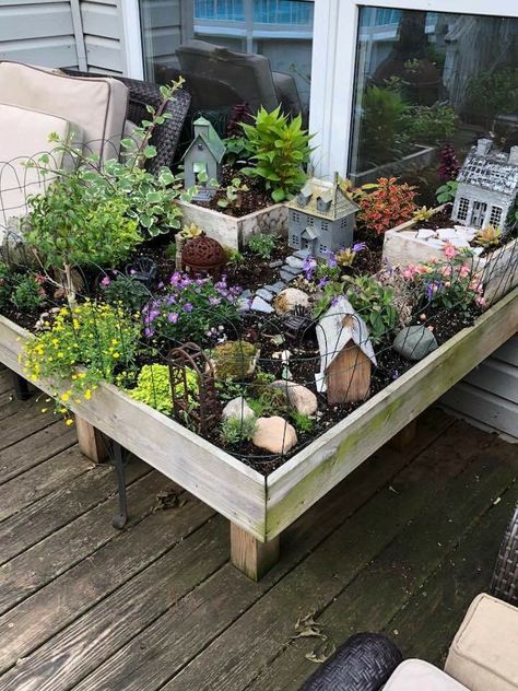 This raised bed fairy garden is so darn cute! Source: by Ann Baker, fb share 6/7/18 on Mandy Fairy Garden Planter Boxes, Fairy Garden Corner Ideas, Raised Bed Fairy Garden, Fairy Corner Garden, Fairy Garden Box Ideas, Fairy Herb Garden Ideas, Fairy Garden Raised Bed, Mini Garden Aesthetic, Herb Fairy Garden