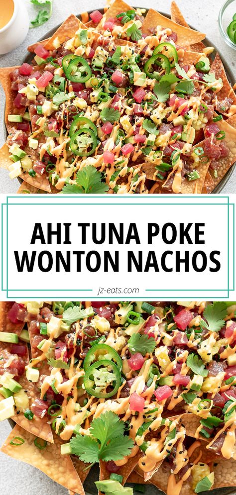 Whether you are preparing for a Summer BBQ or making Game Day appetizers, these Tuna Poke Nachos are crunchy and full of bold flavor. Ahi Poke Appetizer, Tuna Poke Tacos, Poke Tuna Tacos, Ahi Tuna Poke Appetizers, Poke Tacos Recipe, Tuna Poke Appetizer, Tuna Poke With Wonton Chips, Ahi Tuna Wonton Nachos, Ahi Tuna Recipe Poke