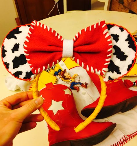 Toy Story Jessie Mickey ears made by me!! All felt, used thread and hot glue gun! Disney Mickey Ears Diy, Disney Ears Ideas, How To Make Mickey Ears Headband, Jessie Toy Story Belt Buckle Diy, Toy Story Minnie Ears, Toy Story Disney Ears, Clip On Mickey Ears Diy, Hollywood Studios Mickey Ears, Woody Mickey Ears