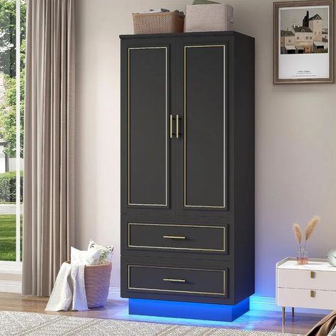 Tall 2 Doors Armoire Wardrobe Closet with 2 Drawers and LED Lights, Modern Closet Wardrobe Cabinet Armoire Wardrobe Closet, Armoire Wardrobe, Modern Closet, Wardrobe Cabinet, Closet Wardrobe, Wardrobe Cabinets, Wardrobe Armoire, Wardrobe Closet, 2 Doors