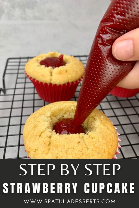 Homemade Strawberry Cupcakes With Strawberry filling and whipped cream frosting are bursting with natural strawberry flavor in every bite and are made completely from scratch! No box mix needed, my recipe is super easy and will take your through the baking process step by step with tons of baking tips along the way. This this homemade strawberry and cream cupcakes, the perfect summer dessert idea Strawberry Filled Vanilla Cupcakes, Vanilla Cupcakes With Strawberry Filling, Strawberry Cupcake Filling Recipe, Strawberry Cupcakes With Filling, Strawberry Cupcakes Decoration, Strawberry Cupcake Filling, Cupcakes With Filling Inside, Strawberry Filling Recipe, Strawberry Filling For Cupcakes