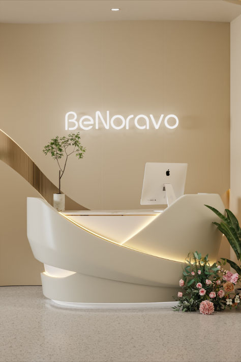 Reception desk is the first point of contact with your customers. Our reception desk is not only the store's facade, but also a suitable Harbor for receptionists. 💕 Curved Reception Desk Design, Receptionist Table, Receptionist Design, Spa Reception Area, Boutique Office, Office Reception Desk, Receptionist Desk, Curved Reception Desk, Display Retail