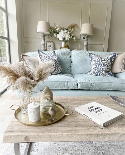 Beachy Couches Sofas, Living Room Designs Light Blue, Duck Egg Blue Sofa Living Room Ideas, Duck Egg Sofa, Light Blue Farmhouse Living Room, Pale Blue Sofa Living Room Ideas, Light Blue Couch Living Room Decor, Sage Green And Light Blue Living Room, Light Blue Sofa Living Room Ideas Decor