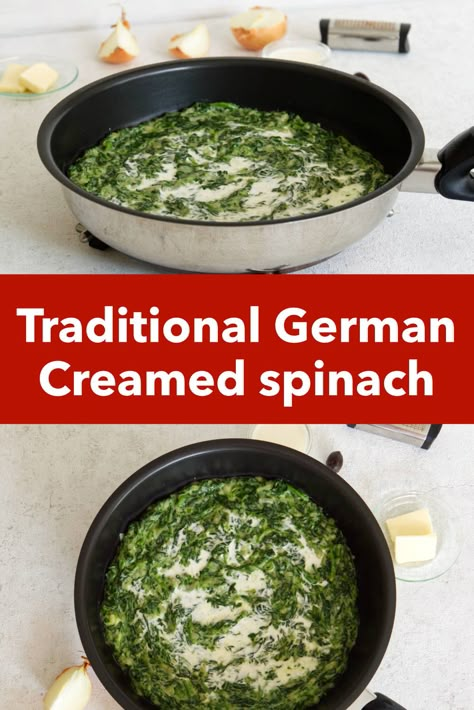 german creamed spinach pin2 Traditional German Creamed Spinach German Creamed Spinach, Dutch Side Dishes, Vegetarian German Recipes, Traditional German Christmas Dinner, German Meals Traditional, German Vegetables, German Dishes Traditional, Spinach Creamed, German Side Dishes