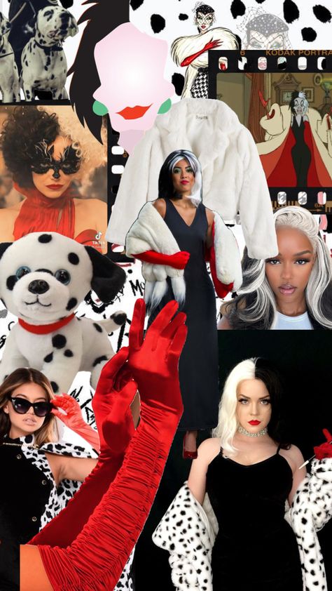 Cruella de ville costume inspo #halloweencostume #101dalmations #cruelladevil Cute Cruella Deville Costume, Halloween Costumes Cruella Deville, Cruella Deville Costume Diy, Halloween Baddie, Nyc Halloween, Cruella Deville Costume, Cruella Costume, Dalmatian Costume, Halloween Fits