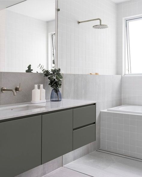 Phoenix Tapware on Instagram: “Our @phoenixtapware product lives in close proximity to your bathroom vanity, so we tend to keep an eye on what is happening in the world…” Bathroom Green Vanity, Grey Tile Bathroom, Ensuite Tiles, Reece Bathroom, Main Bathroom Ideas, Grey Bathroom Tiles, Green Vanity, Square Tiles, Master Ensuite