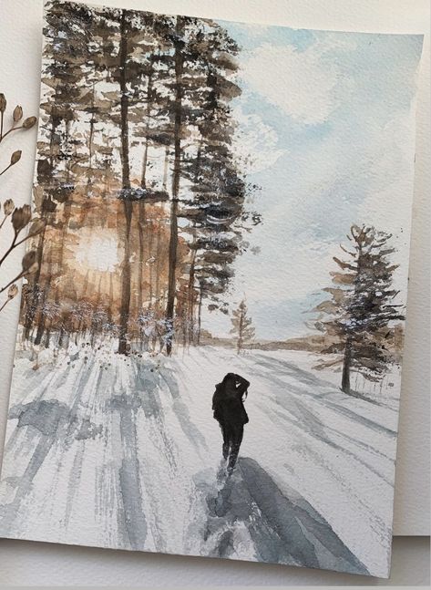 Watercolor painting Snowy Watercolor Landscape, Snowy Watercolor, Winter Road, Watercolor Winter, Snowy Landscape, Winter Sunset, Snow Storm, Watercolor Landscape, Art Work