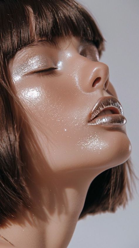 Glass Makeup Look, Wet Makeup Look, Glossy Makeup Look, High Fashion Makeup Editorial, Nyfw Makeup, Graphic Liners, Beauty Editorial Makeup, Fashion Editorial Makeup, Shiny Makeup