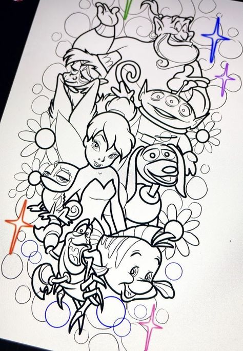 coloring pages 🐞 Disney Character Sleeve Tattoo, Disney Pixar Tattoos Sleeve, Disney Characters Tattoo Ideas, Disney Line Work Tattoo, Disney Sidekicks Tattoo Sleeve, Black And Gray Disney Tattoos, Disney Mashup Tattoos, Disney Characters Tattoos Sleeve, Disney Black And White Tattoo